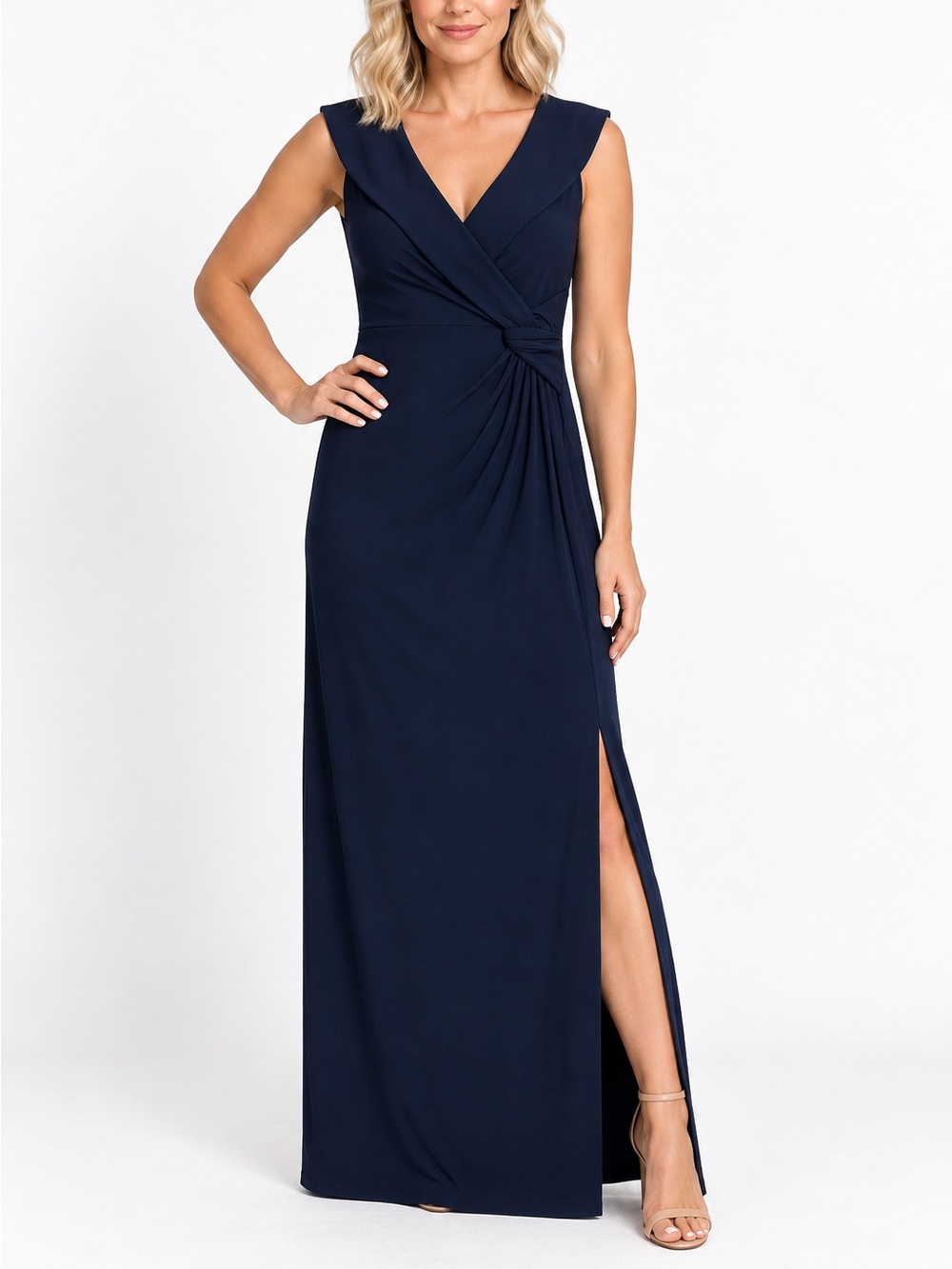 Lauren Ralph Lauren Navy Blue Ruched Knot Maxi Dress Size 8 Sleeveless Slit
